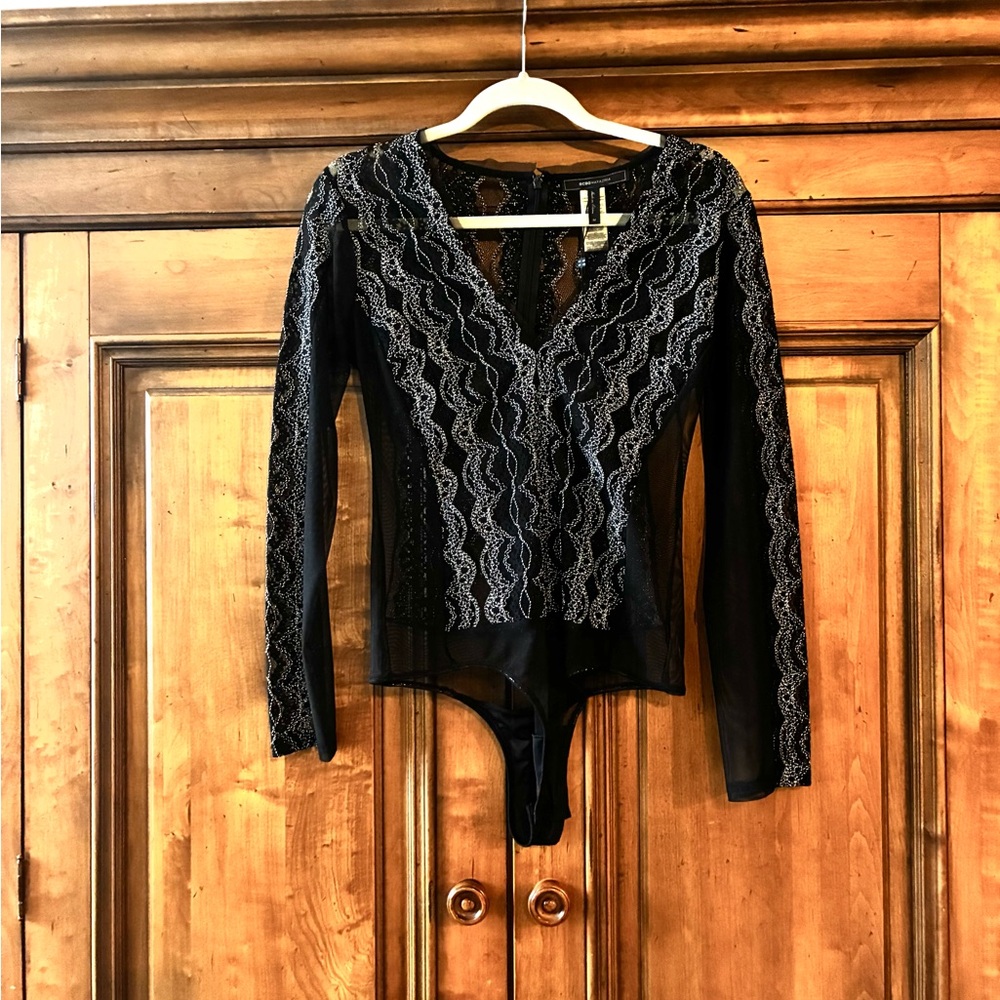 Elegant Black Lace Sheer Embroidered Bodysuit Top
